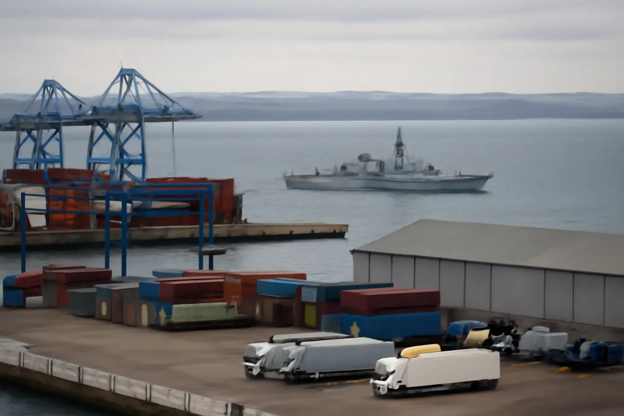 Industrial port worker overlooking bulk-material handling equipment and a cargo vessel.