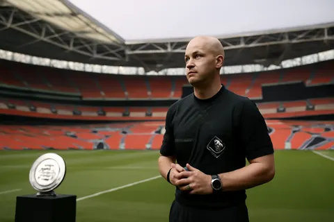 Grounded editorial scene illustrating After more than two decades and 831 matches, Anthony Taylor retires following his final World Cup appointment in the United States.