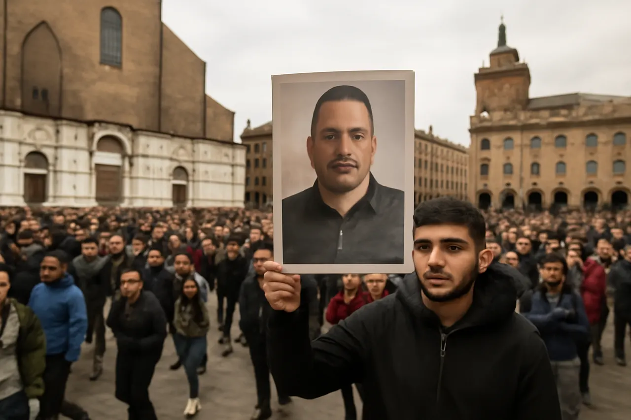 Grounded editorial scene illustrating Abderrahim Fakir's death while being restrained by police in Bologna sparked large demonstrations and clashes, with calls for justice and investigations.