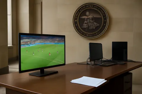 Grounded editorial scene illustrating The Justice Department's Operation Offsides targeted websites streaming World Cup games without authorization, collaborating with Latin American authorities to block hundreds more.