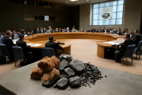 Grounded editorial scene illustrating The UN Security Council examines the role of essential minerals in powering renewable energy and their impact on peace and development worldwide.