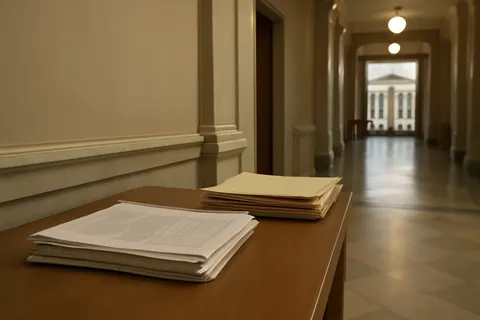 Quiet courthouse or legal-work setting with documents and civic architecture.