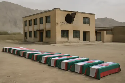 Grounded editorial scene illustrating Funerals were held in Iran for children who died in a US strike on a school in Minab earlier this year.