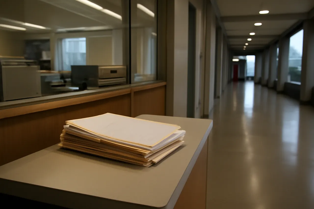 Quiet courthouse or legal-work setting with documents and civic architecture.