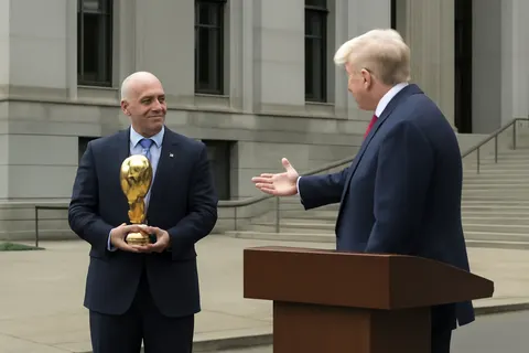 Grounded editorial scene illustrating President Donald Trump reportedly favors FIFA President Gianni Infantino for the United Nations' top post, citing his global respect and unifying leadership.
