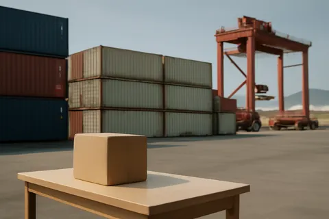 Industrial port worker overlooking bulk-material handling equipment and a cargo vessel.