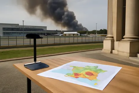 Grounded editorial scene illustrating A large fire near Bordeaux-Mérignac Airport in south-west France has claimed the lives of two firefighters amid ongoing efforts to contain the rapidly evolving blaze.