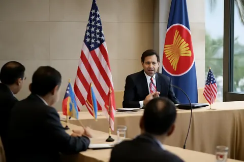 Grounded editorial scene illustrating Marco Rubio cautions Southeast Asian leaders that Iranian control of the Strait of Hormuz threatens global freedom of navigation and sets a dangerous precedent beyond the Middle East.