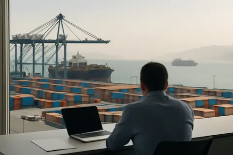 Industrial port worker overlooking bulk-material handling equipment and a cargo vessel.