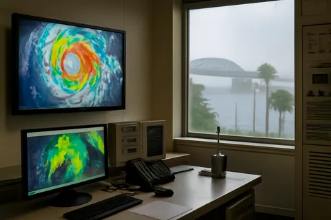 Grounded editorial scene illustrating Bertha is expected to weaken but may cause storm surges, heavy rain, and isolated tornadoes from Florida to Louisiana, while Hurricane Fausto poses no land threat near Baja California.