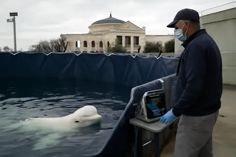 Grounded editorial scene illustrating Six beluga whales from a closed Canadian marine park have been safely transported to new homes in the United States, where they are receiving close care as they acclimate.