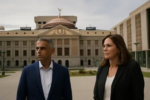 Grounded editorial scene illustrating Amish Shah and Marlene Galán-Woods vie for Democratic nomination in Arizona’s 1st Congressional District, with the winner poised to challenge GOP-backed Jay Feely in a race that could influence House control.