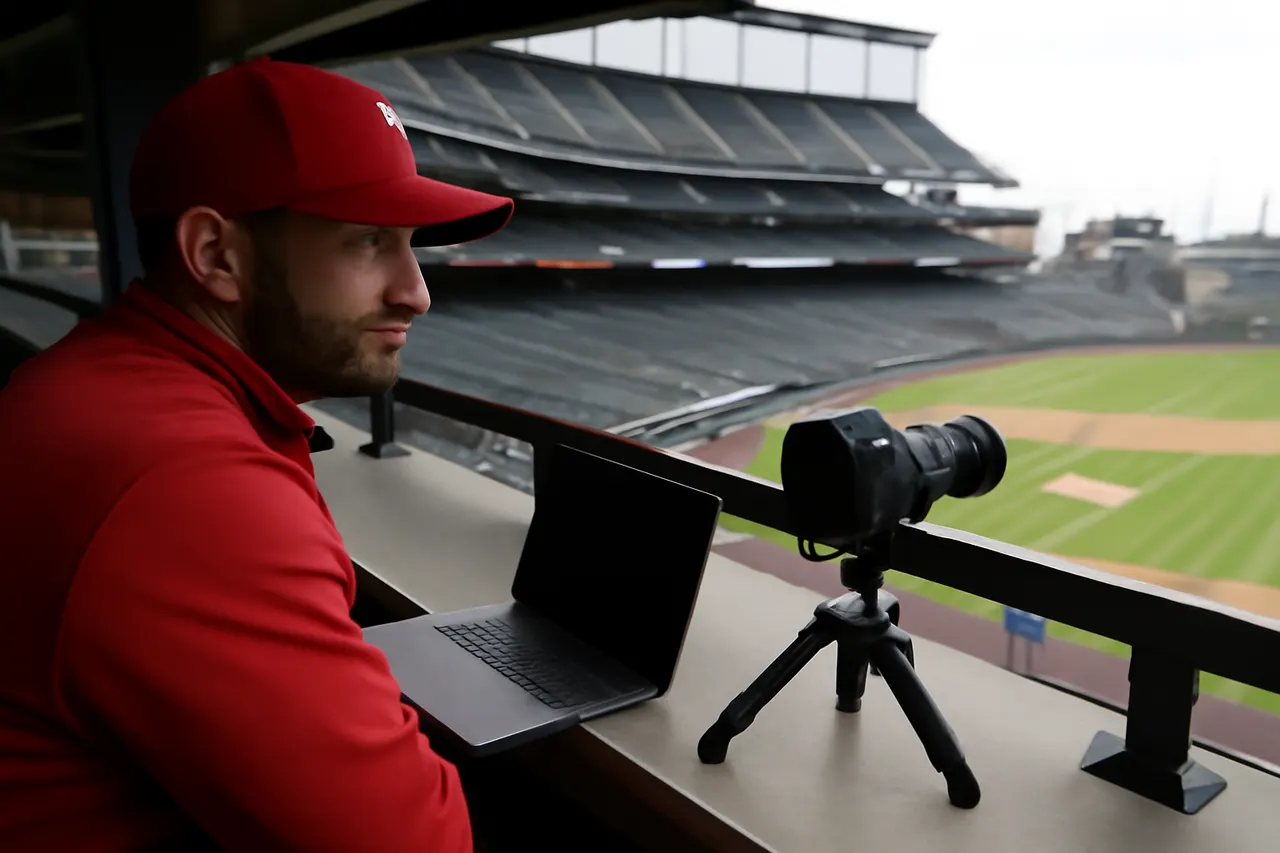 Grounded editorial scene illustrating Advance scout Justin Prinstein, known as 'The Baseball Spy,' was dismissed after recording Rockies coaching staff during a June series, raising questions about the incident.