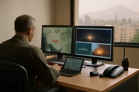 Grounded editorial scene illustrating Explosions were heard over Tehran and fires reported in Behbahan as the US military continued its missile attacks on Iran for the 11th consecutive day.