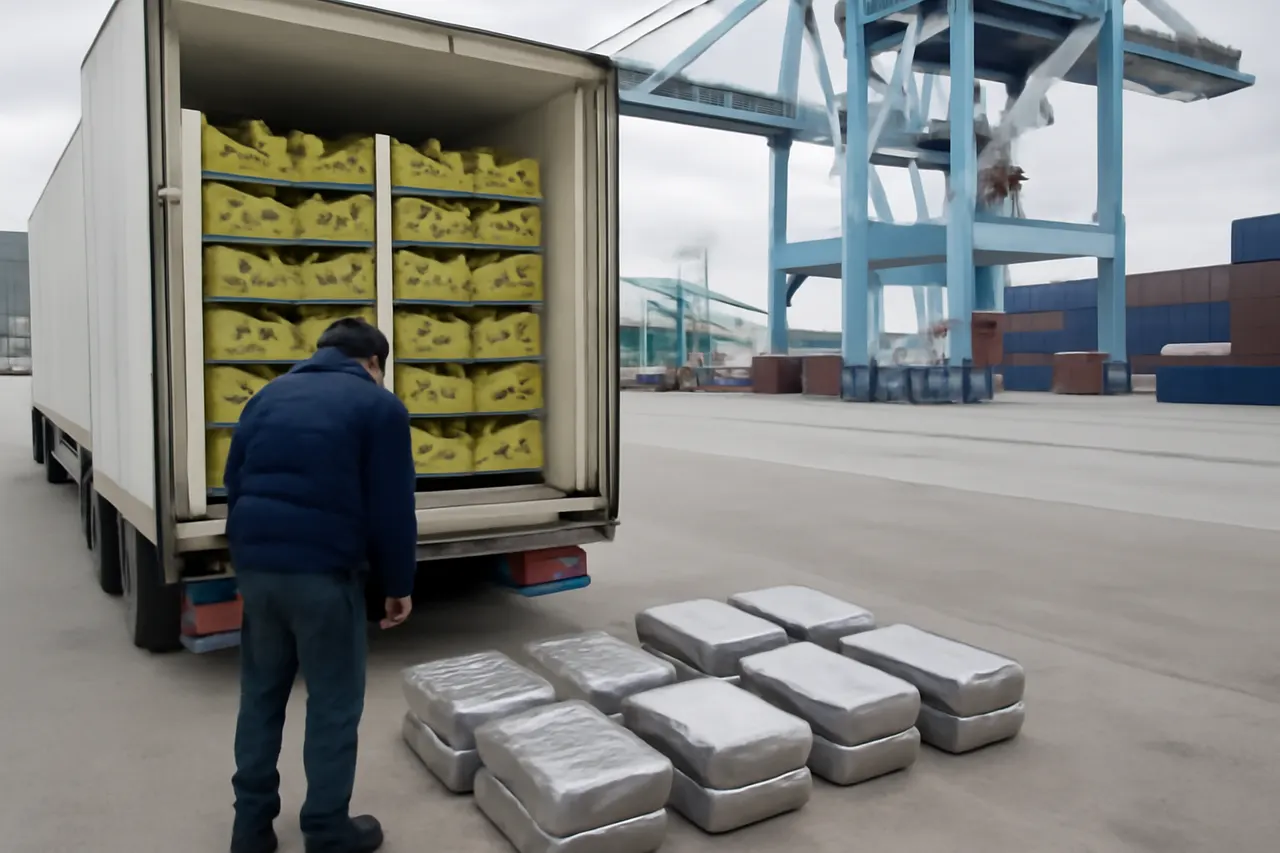 Industrial port worker overlooking bulk-material handling equipment and a cargo vessel.