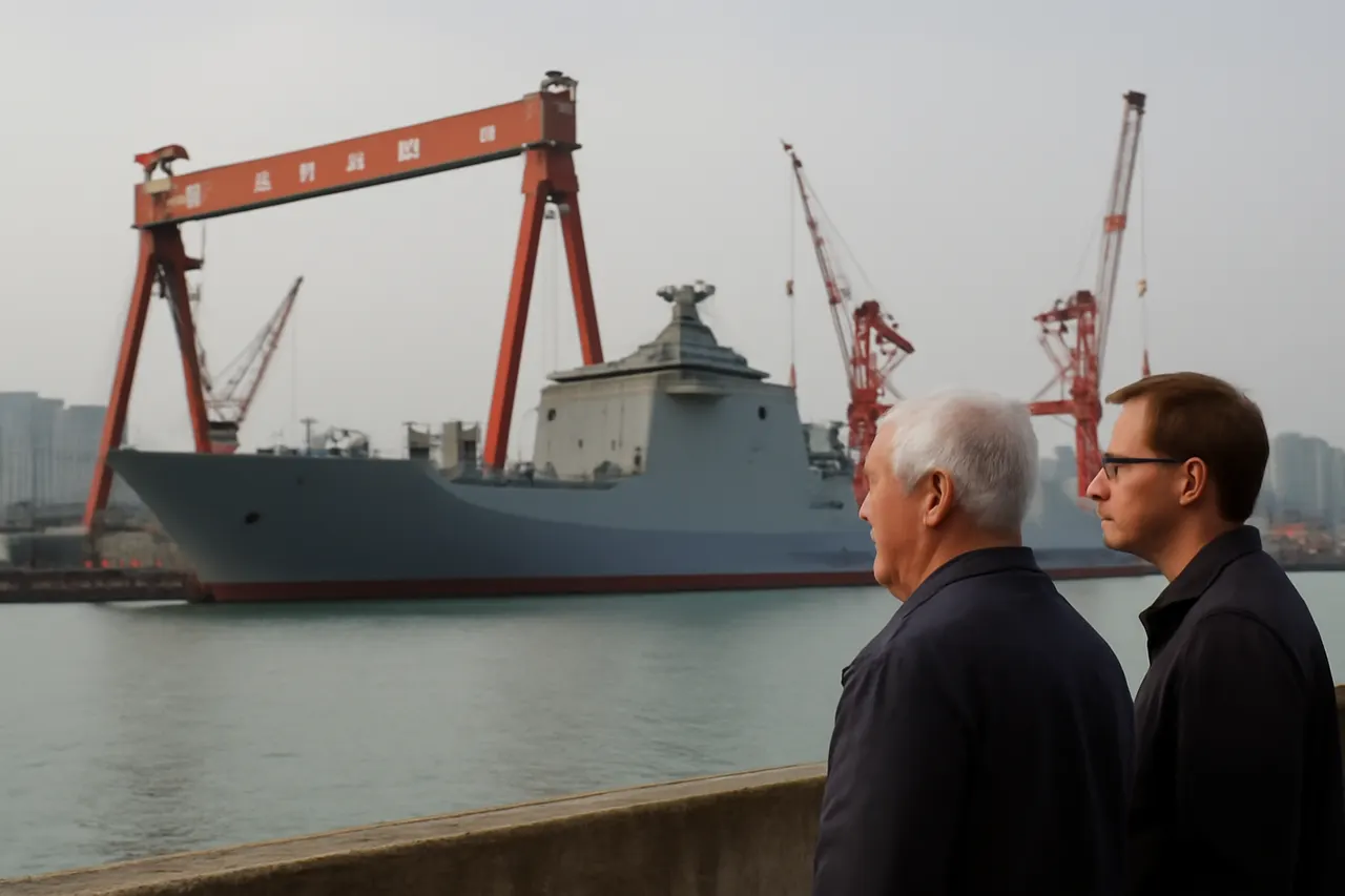 Industrial port worker overlooking bulk-material handling equipment and a cargo vessel.