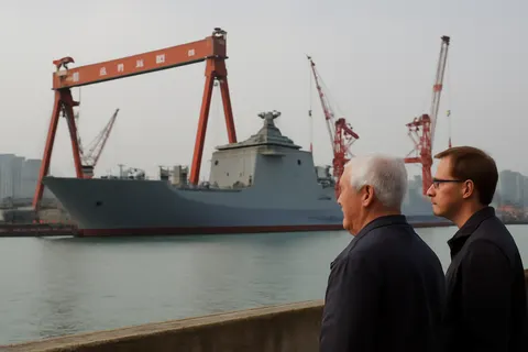Industrial port worker overlooking bulk-material handling equipment and a cargo vessel.