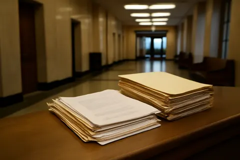 Quiet courthouse or legal-work setting with documents and civic architecture.