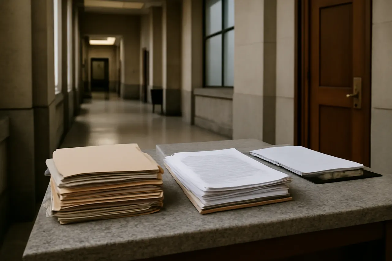 Quiet courthouse or legal-work setting with documents and civic architecture.