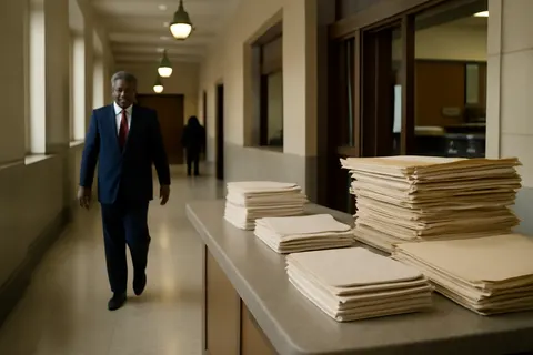 Quiet courthouse or legal-work setting with documents and civic architecture.