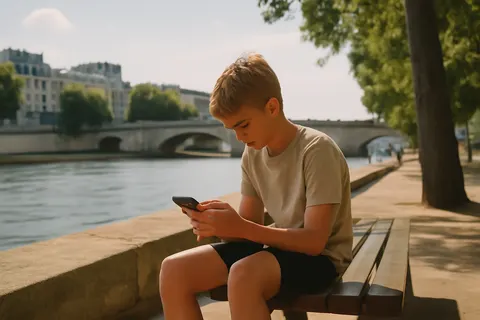 Grounded editorial scene illustrating French parliament passes legislation banning social media use for children under 15, effective after summer holidays.