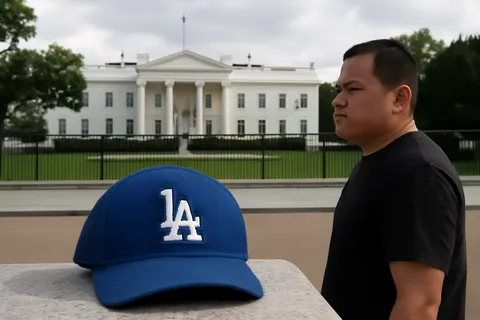 Grounded editorial scene illustrating As the Los Angeles Dodgers prepare to visit the White House following their World Series win, many Latino supporters express conflicted emotions due to recent immigration enforcement actions under the Trump administration.