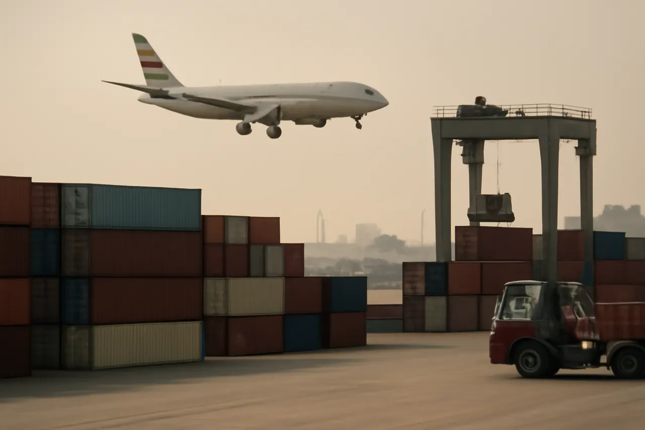 Industrial port worker overlooking bulk-material handling equipment and a cargo vessel.