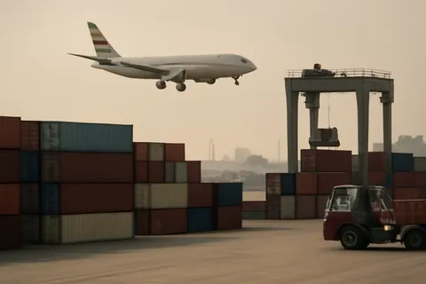 Industrial port worker overlooking bulk-material handling equipment and a cargo vessel.