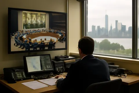Grounded editorial scene illustrating The Security Council convenes in New York to discuss how lithium, cobalt, and copper can support the clean energy transition and whether their extraction will foster development or fuel conflict.