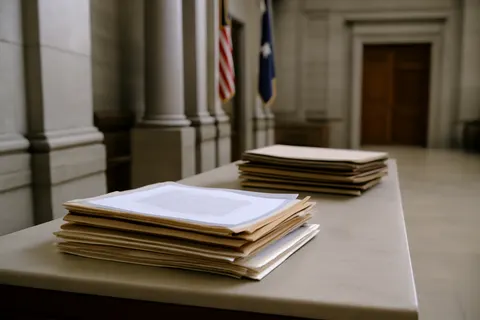 Quiet courthouse or legal-work setting with documents and civic architecture.