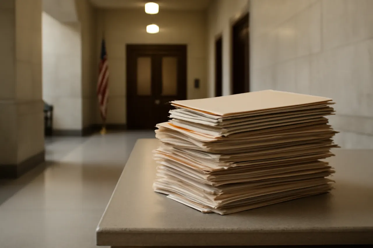 Quiet courthouse or legal-work setting with documents and civic architecture.