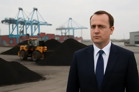 Industrial port worker overlooking bulk-material handling equipment and a cargo vessel.
