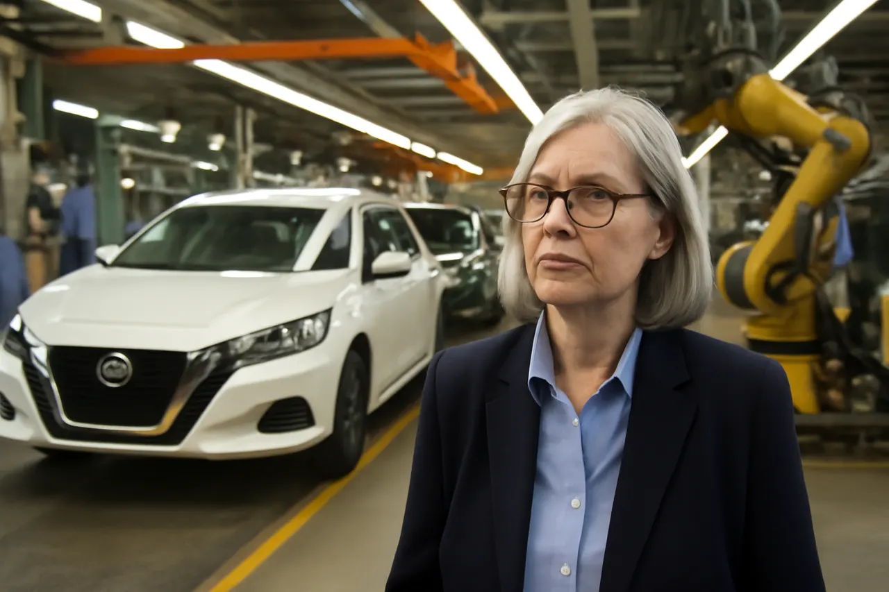 Grounded editorial scene illustrating Mary Lovely warns that increased car production in America due to tariffs may not translate into more jobs because of automation.