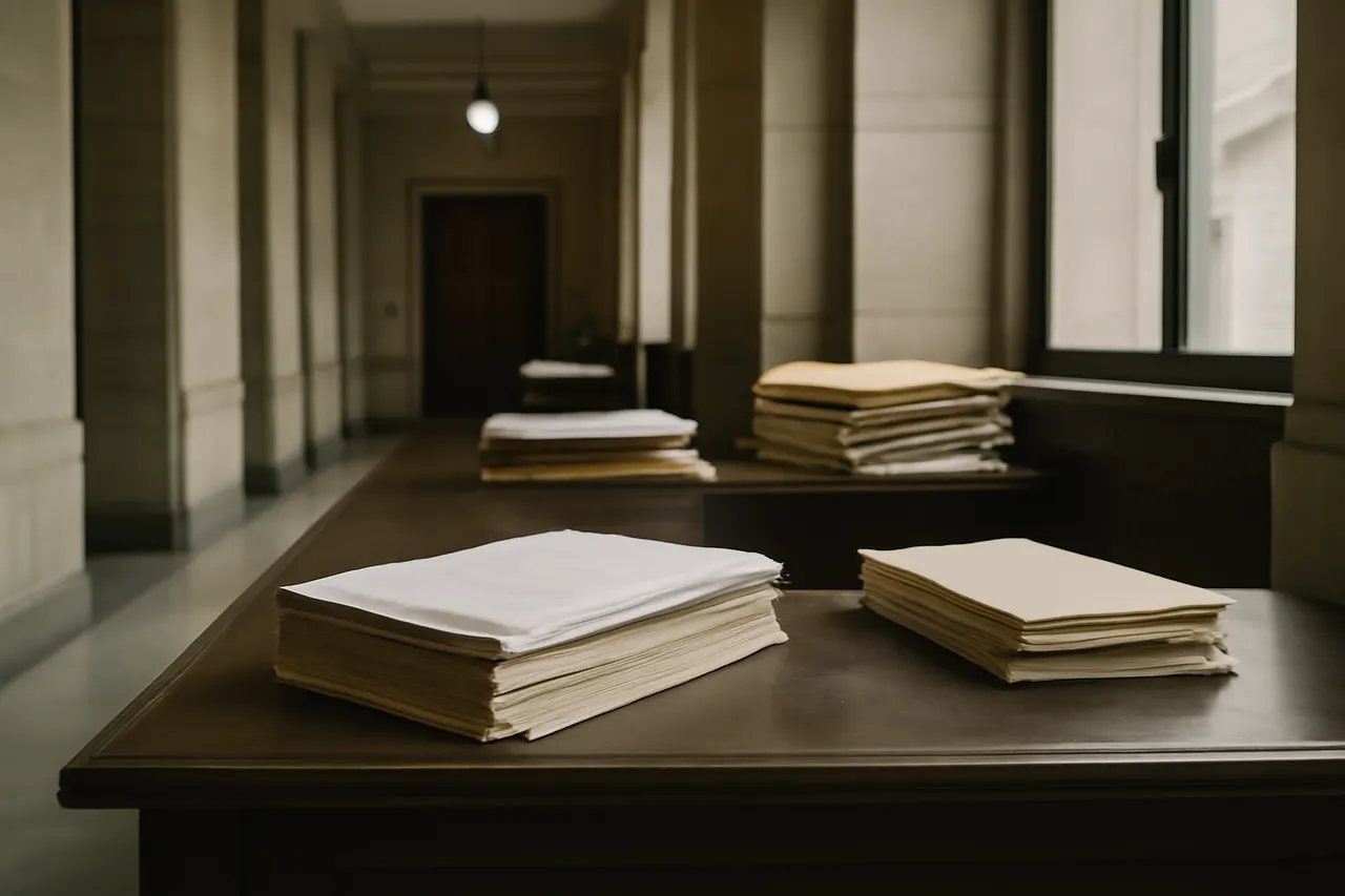 Quiet courthouse or legal-work setting with documents and civic architecture.