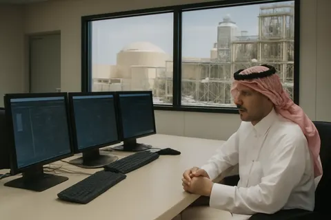 Grounded editorial scene illustrating The Trump administration approved a nuclear cooperation agreement with Saudi Arabia amid ongoing tensions with Iran over uranium enrichment.