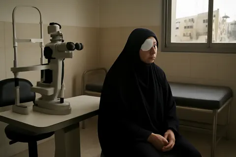 Grounded editorial scene illustrating Najwa Abu Atiwi’s physical and psychological wounds deepen following an Israeli air strike that devastated her home in Gaza’s Nuseirat camp.