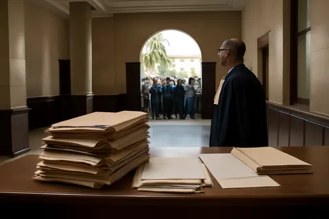 Quiet courthouse or legal-work setting with documents and civic architecture.