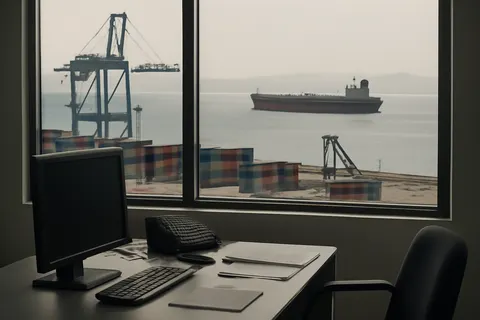 Industrial port worker overlooking bulk-material handling equipment and a cargo vessel.