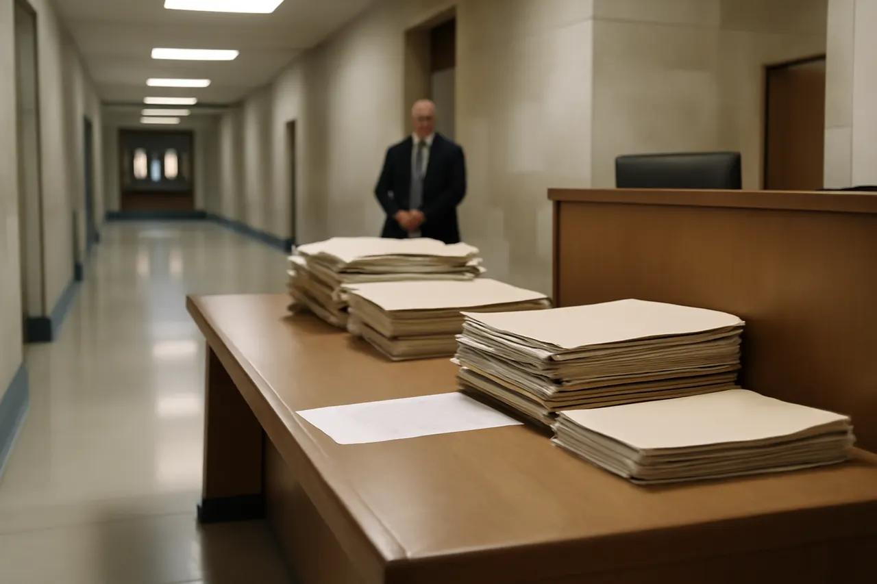 Quiet courthouse or legal-work setting with documents and civic architecture.
