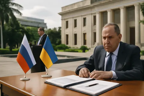 Grounded editorial scene illustrating Russian Foreign Minister Lavrov reiterates readiness for political settlement while Ukrainian President Zelenskyy seeks to revive stalled peace talks.