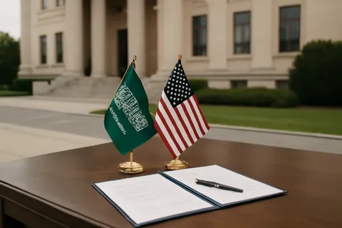 Grounded editorial scene illustrating The new deal between the United States and Saudi Arabia could enable the kingdom to develop uranium enrichment capabilities for its civilian nuclear program, raising concerns about regional proliferation.