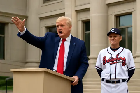 Grounded editorial scene illustrating At a Cobb County event, former President Donald Trump urged fans to keep performing the controversial Tomahawk Chop chant during Atlanta Braves home games.