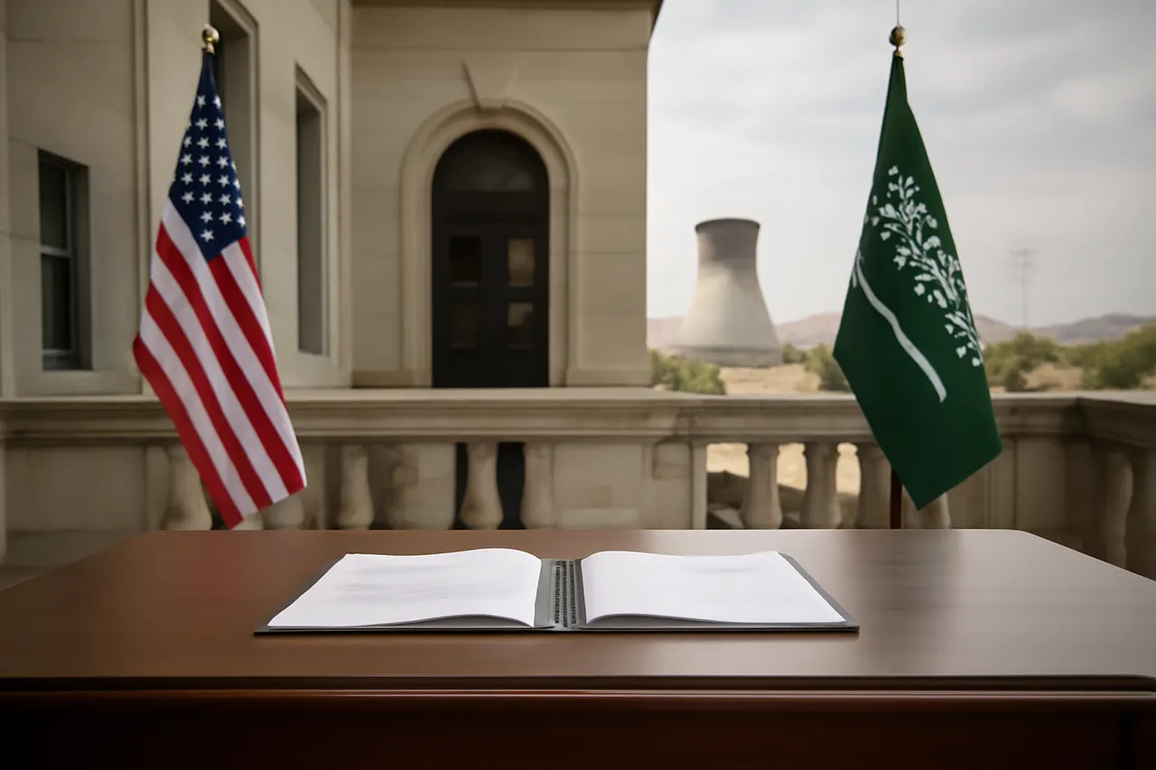 Grounded editorial scene illustrating The United States has agreed to assist Saudi Arabia in developing a civilian nuclear program through a landmark 30-year agreement, while regional nuclear tensions persist involving Iran and Israel.