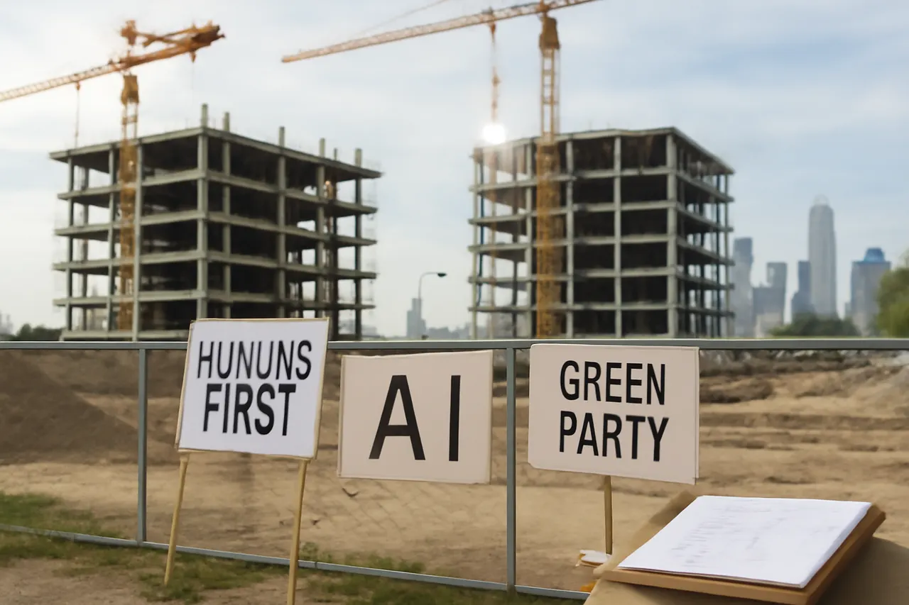 Grounded editorial scene illustrating The group Humans First, initially bipartisan, has mobilized protests against new data centers, enlisting left-leaning activists despite its conservative branding.