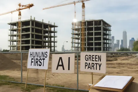 Grounded editorial scene illustrating The group Humans First, initially bipartisan, has mobilized protests against new data centers, enlisting left-leaning activists despite its conservative branding.