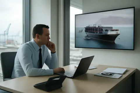 Industrial port worker overlooking bulk-material handling equipment and a cargo vessel.
