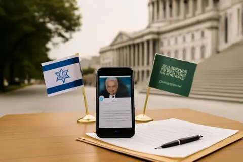 Grounded editorial scene illustrating President Trump states that Saudi Arabia's nuclear power agreement depends on the kingdom establishing formal ties with Israel through the Abraham Accords.