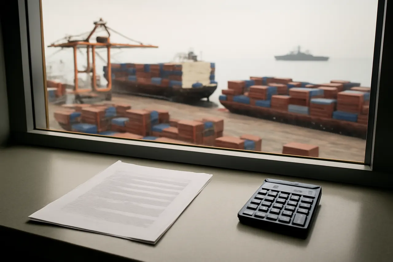 Industrial port worker overlooking bulk-material handling equipment and a cargo vessel.