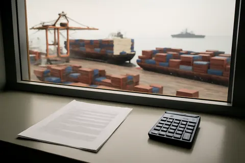 Industrial port worker overlooking bulk-material handling equipment and a cargo vessel.