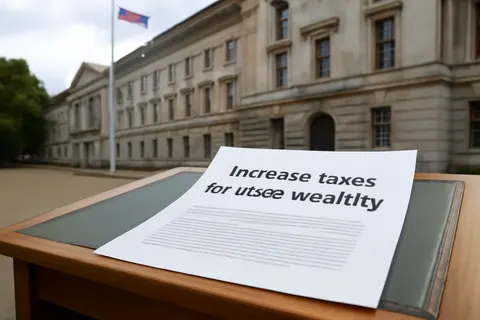 Grounded editorial scene illustrating The group 'Patriotic Millionaires' calls for higher wealth taxes to address inequality and support public services in the United Kingdom.